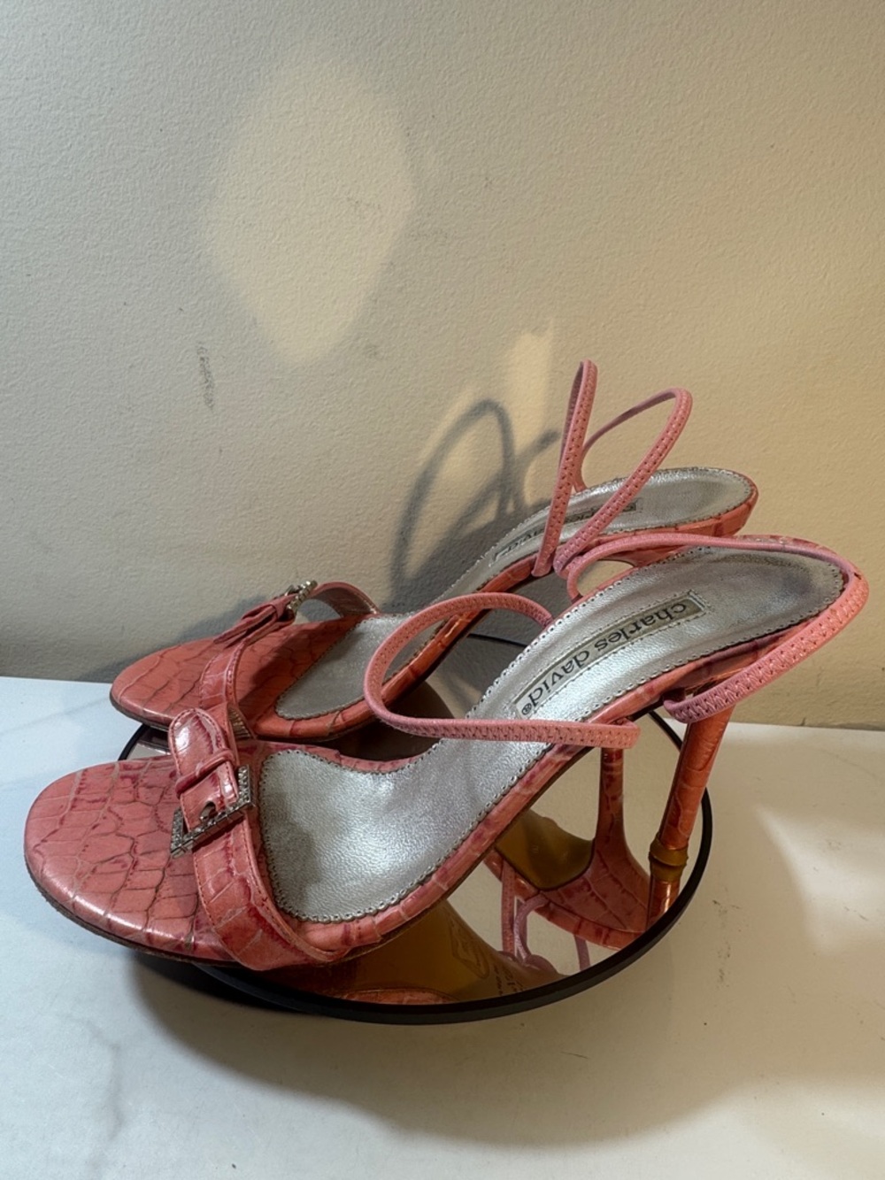 “SOLD” Vintage Charles David Coral Pink Croc-Embossed Strappy Heels - Size 8.5B